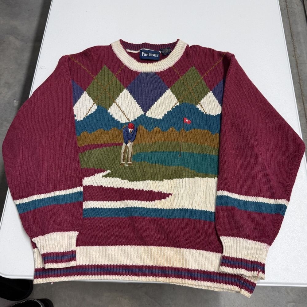 Par Four Golf Sweater Mens L Burgundy Good Vintage Intarsia Argyle Knit 90s